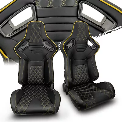 Black PVC Leather/Yellow Stitch Left/Right Recaro Style Racing Seats Pair • $301.38