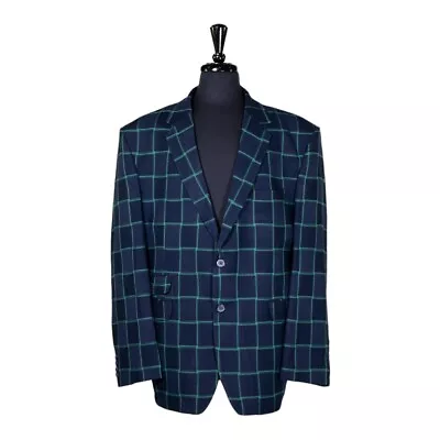Mens Blazer Blue Green Check Wool Dress Formal Jacket Wedding Sport Coat 48R • $149.99
