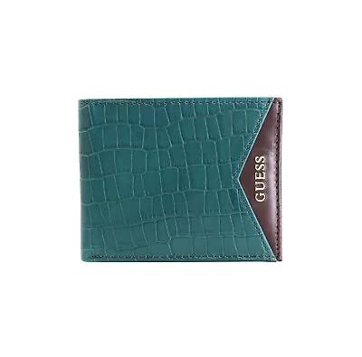 Guess Men's Leather Debossed Faux Crocodile RFID Billfold Wallet Green/ Brown • $18.99