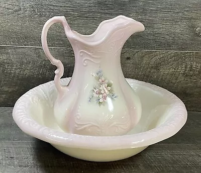 Ironstone USA Pitcher And Bowl/Basin Set Antique Pink Floral Large • $65