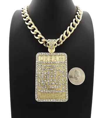 Hip Hop Iced Meek Mill Dream Chasers Pendant 20  11mm Cuban Chain Gold Plated • $29.99