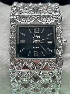 Ladies Vivani Silver Tone Cuff Bracelet Watch With Black Dial Analog • $14.95