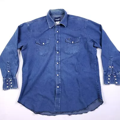 Vintage Wrangerl Denim Pearl Snap Shirt Mens XL Blue Long Sleeve Pockets Western • $19.87