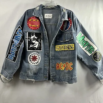 Ma Cherie Denim Jacket Mens Medium Trucker Rhinestone Patches Paint Rock N Roll • $148.75