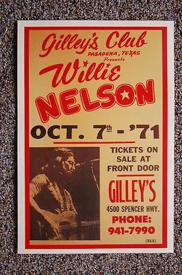 $5 • Buy Willie Nelson Concert Tour Poster 1971 Gilley's-
