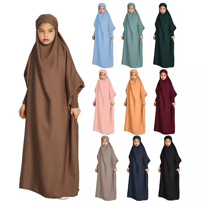 Kids Girls Children Islamic Hijab Abaya Khimar Jilbab Kaftan Muslim Prayer Dress • £15.89