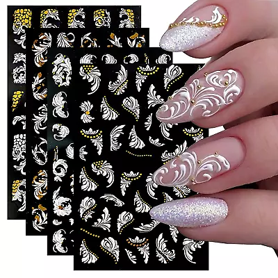 Wedding 5D Nail Stickers Embossed Black & White Cane Vine Decals Art Decora NH7 • $2.95