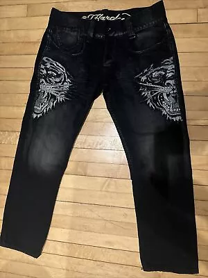 Ed Hardy Tiger Rhinestone Black Jeans Mens Sz XXL (38x32) Straight Leg Y2K B4 • $103.98