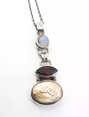 Articulated Blue Moonstone Garnet And Pearl Sterling Silver Vintage Necklace • $34