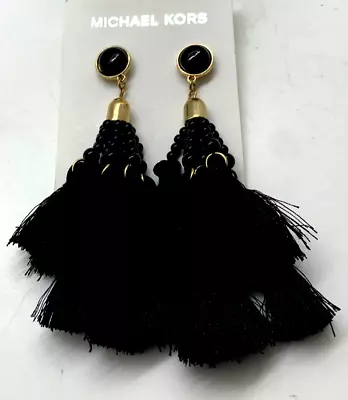 NWT Michael Kors Black Beaded Tassel Gold Tone 4 1/2  Pierced Dangle Earrings • $8.99