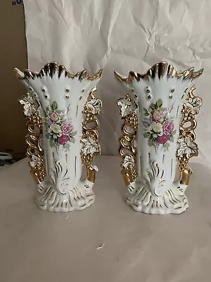 Set Of 2Vieux Paris Porcelain Fan Flair Bridal Vase Hand Painted Flowers 8” Tall • $25.95