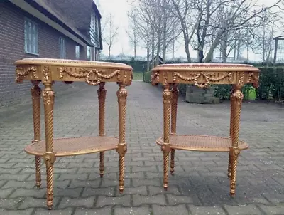 Pair Of Vintage Louis XVI Style Side Tables: Gold Beech With Pink Marble Tops • $2600