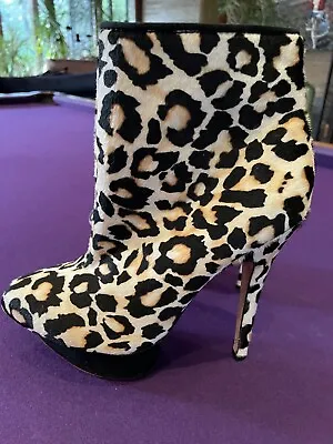 NWT L.A.M.B. Booties Leopard Print Fur Zip Boots Platform Stiletto Creme Multi 8 • $120