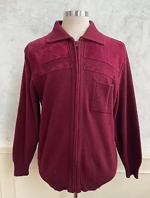 Vintage ST.MICHAEL Burgundy Wine Red Suede Leather Acrylic Cardigan Jacket 42  • £12