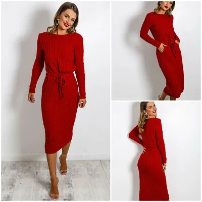 £17.90 • Buy Women's Cable Knitted Jumper Ladies Long Sleeve Tie Up Maxi Midi Dress.