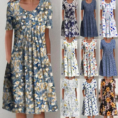 Women Holiday Floral Crew Neck Short Sleeve Midi Dress Pocket Pleated Sundress • £12.79