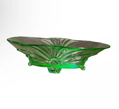 Green Uranium Glass Footed Oblong Bowl Art Deco 31cm Vintage • $95