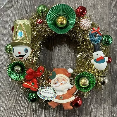 Vintage Mercury Glass Wreath Japan Ornaments Red Gold Green Santa Flocked 9” • $49.99