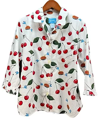 Vtg Nick & Nora Women's Red Cherry Pie Blue Bird Pajama Lounge Top Shirt Size L • $39.99