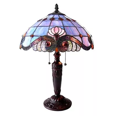 Tiffany Style Table Lamp Purple Brown Stained Glass Dark Antique Bronze 20  High • $139.95