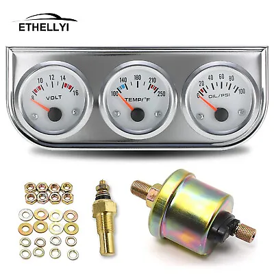 Universal 2 52mm Chrome Oil Pressure Water Temp Volt Meter Triple Gauge Set 3in1 • $24.69