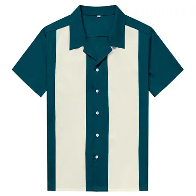 £17.87 • Buy Men Western Shirt Short Sleeve Cotton Rockabilly Bowling Casual Shirts Lake Blue