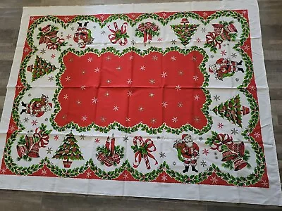 Vintage Tablecloth Christmas Santa Claus Trees Holly Ornaments 51 X 66 • $55