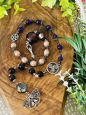 Spirit Of Morrigan Goddess Rosary -Pagan Wicca Witch Obsidian & Amethyst Stones • £10.99