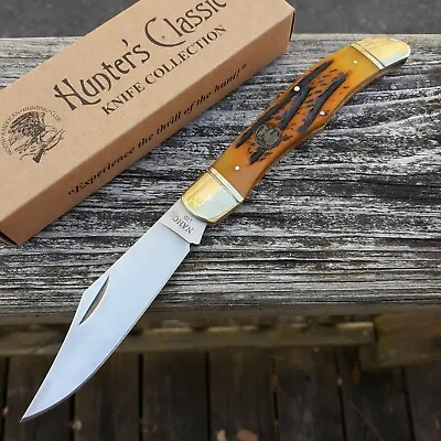 Hunter's Classic NAHC Folding Knife Stainless 4  Blade Orange Jigged Bone Handle • $14.69