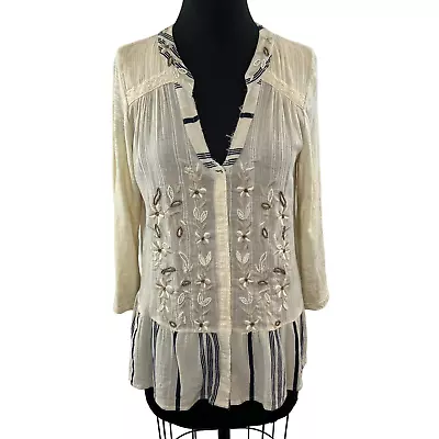 Anthropologie C. Keer Spry Boundary Blouse Cream Embroidered Beaded Flowers M • $29