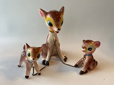 Vintage Big Eye Doe Mother Deer Chained Baby Fawn Ceramic Figures Nodder Bobble • $60