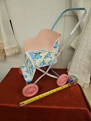 Vintage Pink & Blue Floral Tin Stroller  Plastic Wheels 20  Tall  • $50