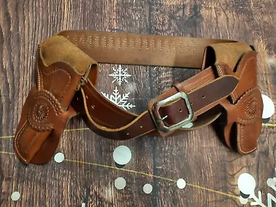 Vintage Adult Embossed Leather Double Holster Gun & 45 Caliber Bullet Belt  • $128.99