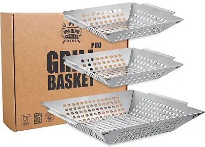 3 Pack Grill Baskets For Outdoor Grill Heavy Duty Stainless Steel • $25.99