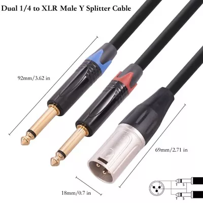 Two 1/4 Inch To XLR Male Y Splitter Cable 3Pin Male XLR To  6.35mm TS Mono • £8.94