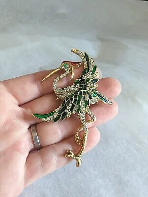 Vintage Heron Stork Crane Bird Brooch Pin Enamel Rhinestone Gold Tone Red Green • $11.99