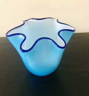 Vintage Blue Cased Handkerchief Art Glass Bowl Vase • $45