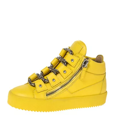 Giuseppe Zanotti Yellow Leather Gold Chain Laces Dual Zip Sneakers Size 35 • $194.25