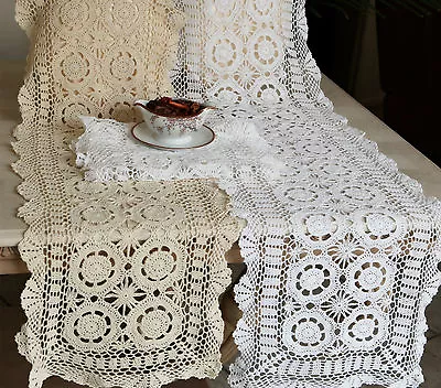 Vintage Handmade Crochet Lace 100% Cotton Runner/Topper/Doily White/Ecru Oblong • $12.65