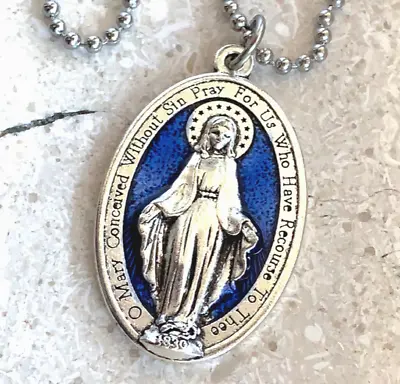 Miraculous Medal Necklace Pendant Virgin Mary Silver Blue Large 1-3/4  24  Chain • $10.52