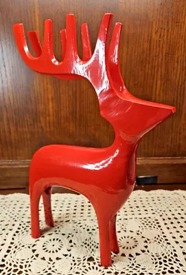 Vintage Sleek Red Enamel Over Metal Reindeer Christmas Stag Statue 12  • $35