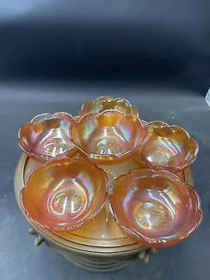 Lot Of 6 Vintage Marigold Orange Iridescent Carnival Glass 4.25” Bowls  • $12.99