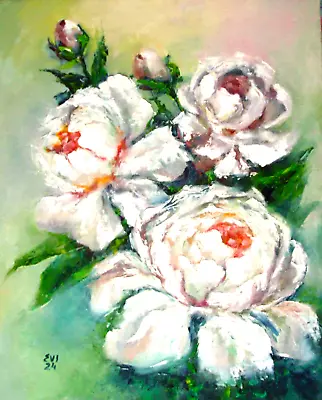 White Peonies Flowers Original Oil Painting Wall Art Canvas Board 16x20 Inches • £65