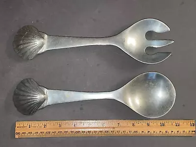 Vintage Silvertone Mariposa Salad Fork & Spoon Serving Set Seashell Shell Ends • $19.98