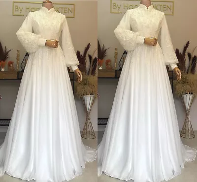 Chiffon Muslim Wedding Dresses High Neck Long Sleeves Lace Bridal Gowns Custom • $144.39