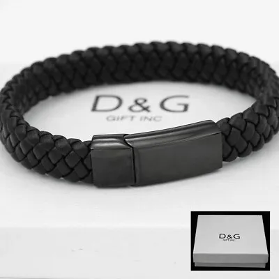 DG Men's 8.5  BlackBraided LeatherMagnetic.Stainless SteelBracelet*BOX • $18.99