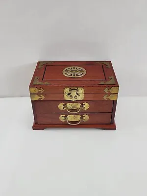 George Zee Oriental Wood & Brass Jewelry Box Chest 2 Lined Drawers 12  X 8  X 8  • $201.83