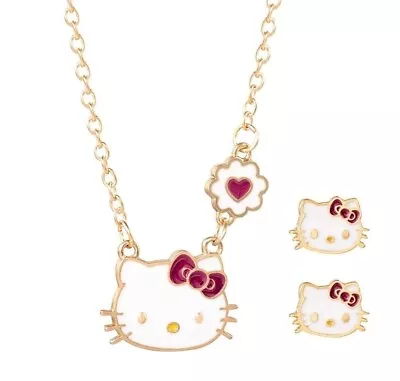 Gold Love Heart White Hello Kitty Cat Red Bow Jewelry Set: Necklace & Earrings • $9.99