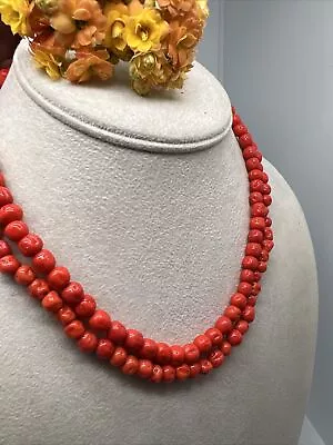 Vintage 2 Strand Orange/ Red Glass Beaded 16” Necklace (6869) • $22.99