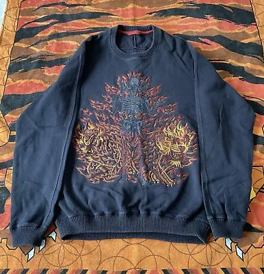 Maharishi Black Embroidered Skeleton Fire Lions Crewneck Sweatshirt Size M • £79.99